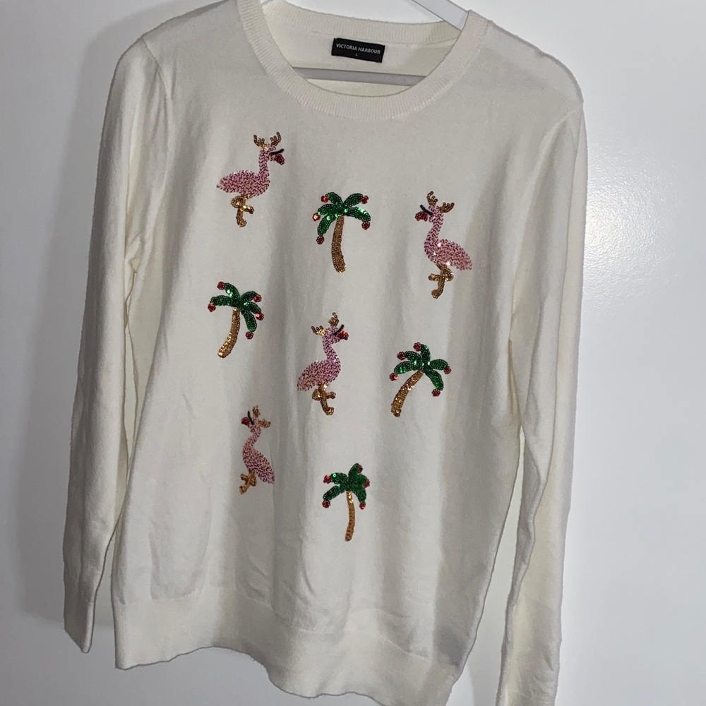 VICTORIA HARBOUR Women's LARGE  Flamingo Palm Tree Sequin White Crewneck Sweater